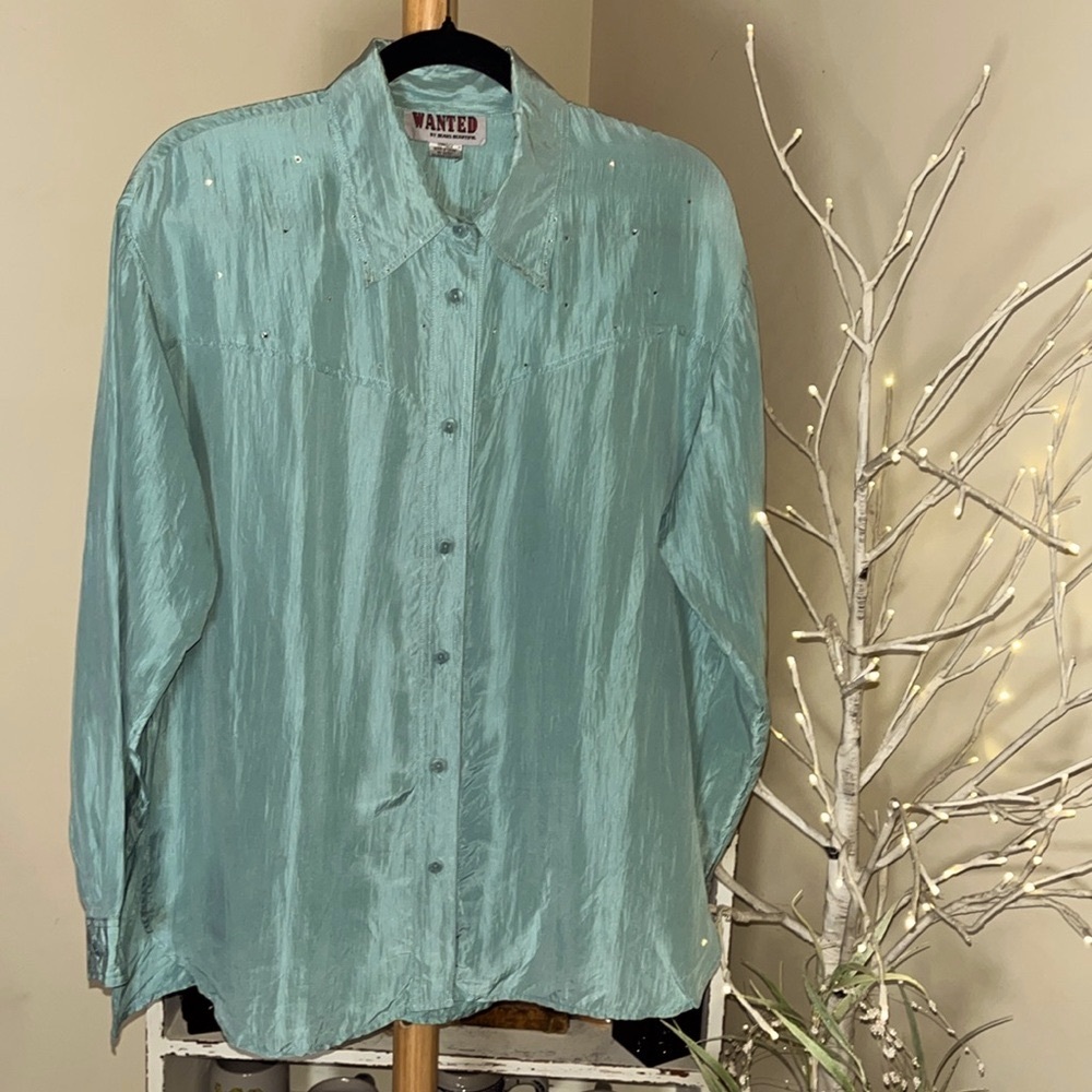Wanted L/XL 100% Silk Aqua green button down blouse w/Beautiful crystal studs.